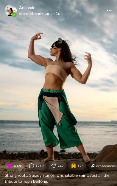 The Cosplay feed showing a tagged Toph cosplay post from Anime Galaxy Con, with likes, comments, and reactions.