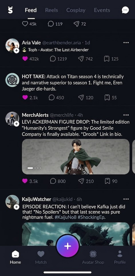 The Feed tab showing an Attack on Titan hot take, a Levi Ackerman figure drop, and a Kaiju No. 8 episode reaction post.